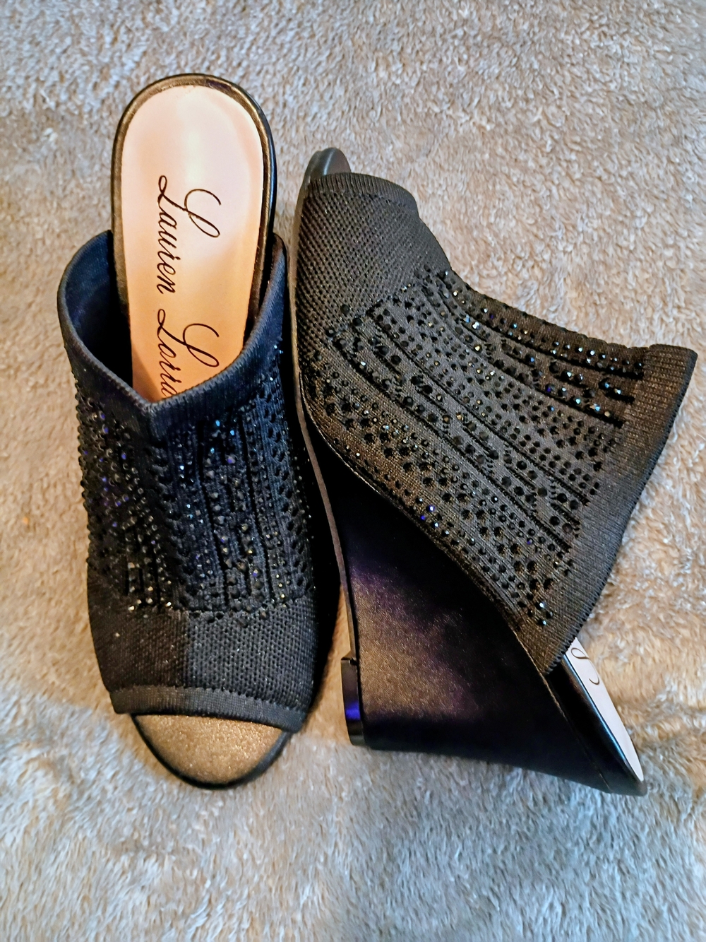 Lauren Lorraine Martha Black Rhinestone Wedge Sandals NIB 5.5